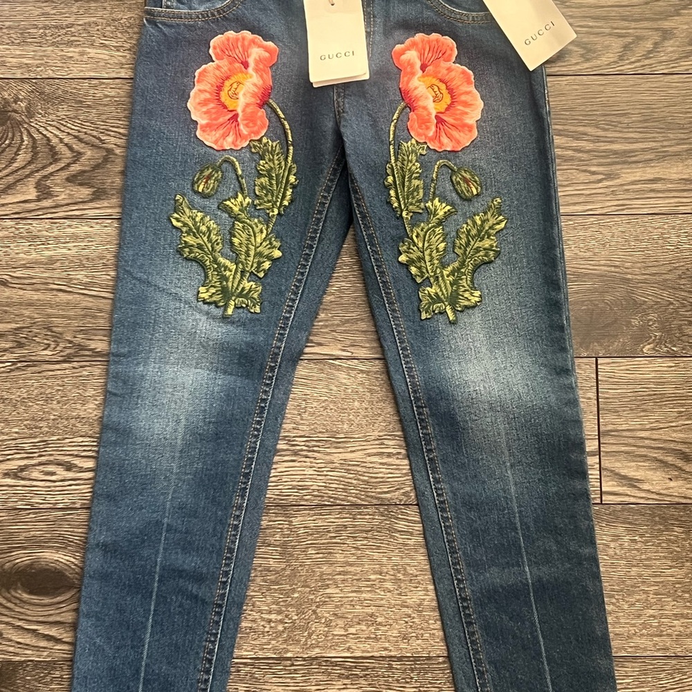 Gucci Girls Blue Jeans with Floral Embroidery